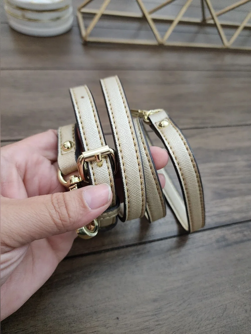 Classic Gold Faux Saffiano Leather Crossbody Strap with Gold Hardware 49 In Long
